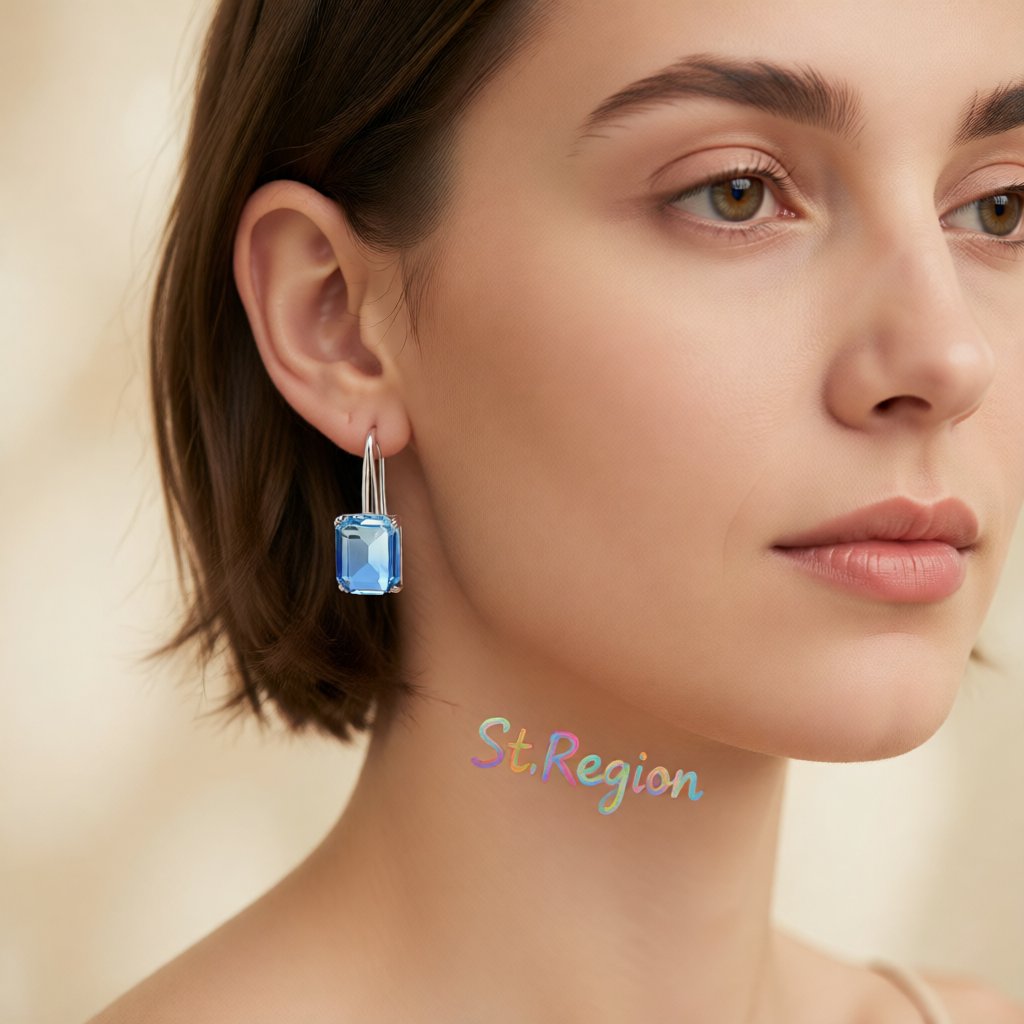 Blue Crystal and Silver-Plated Emerald-Cut Drop Earrings, silver drop earrings for women, elegant gift for her, styled look