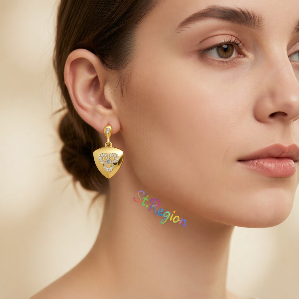 Cubic Zirconia and 18K Gold-Plated Flower Shield Drop Earrings, gold drop earrings for women, botanical inspired, styled look