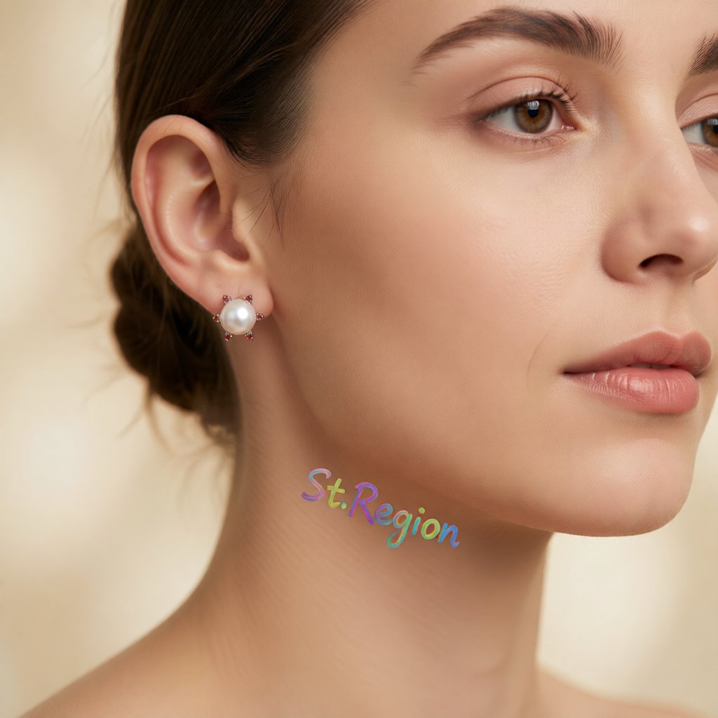 Red Cubic Zirconia and Pearl Round Stud Earrings, cubic zirconia stud earrings for women, styled look