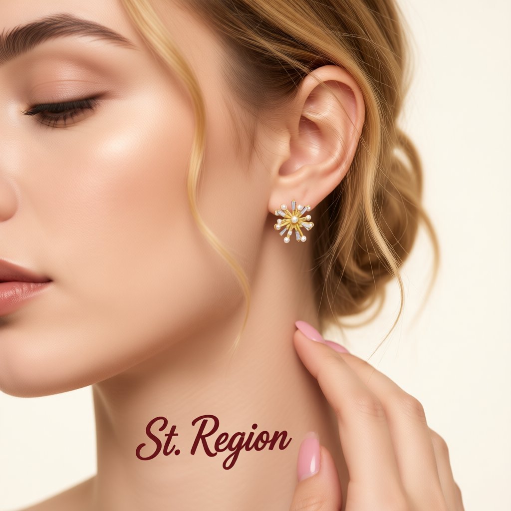 Crystal and Pearl 18K Gold-Plated Firework Stud Earrings, gold stud earrings for women, dainty minimalist design, styled look