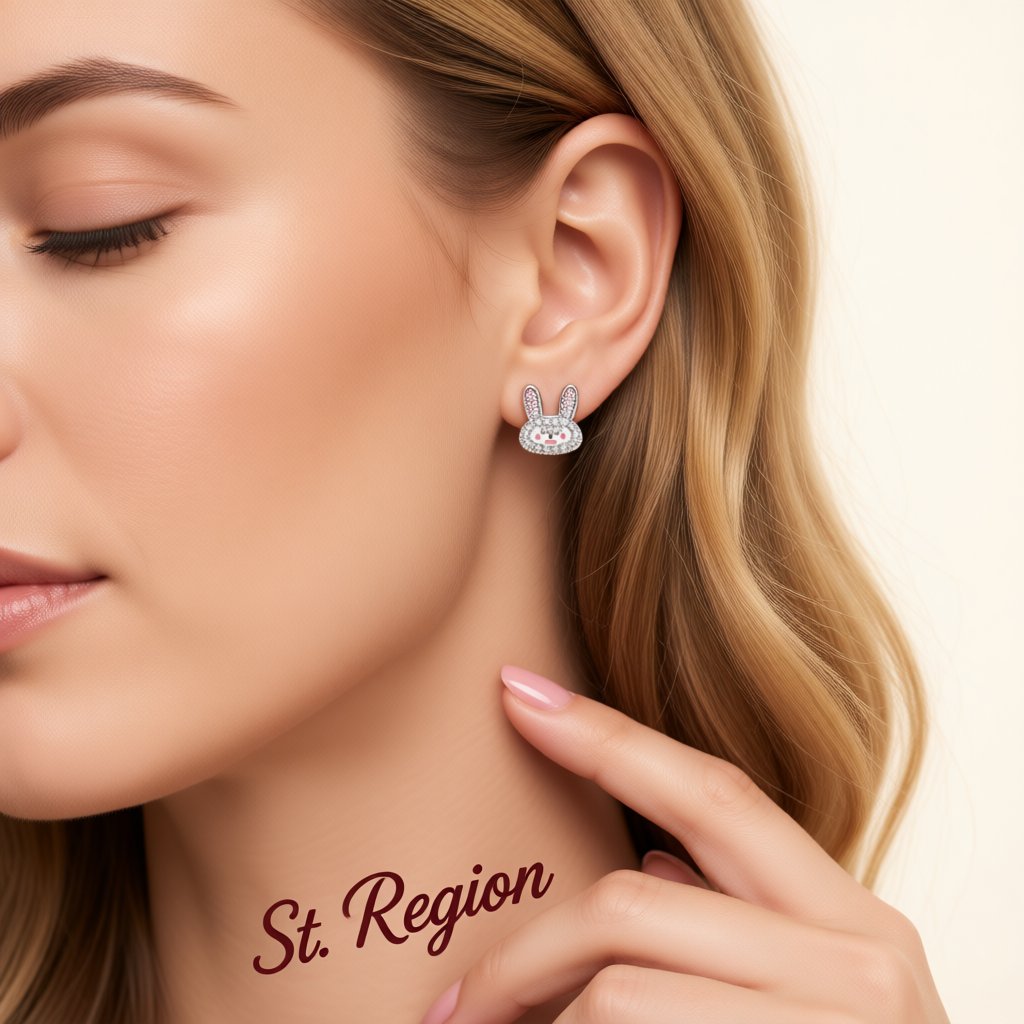 Cubic Zirconia and Silver-Plated Rabbit Stud Earrings, silver stud earrings for women, botanical inspired, styled look