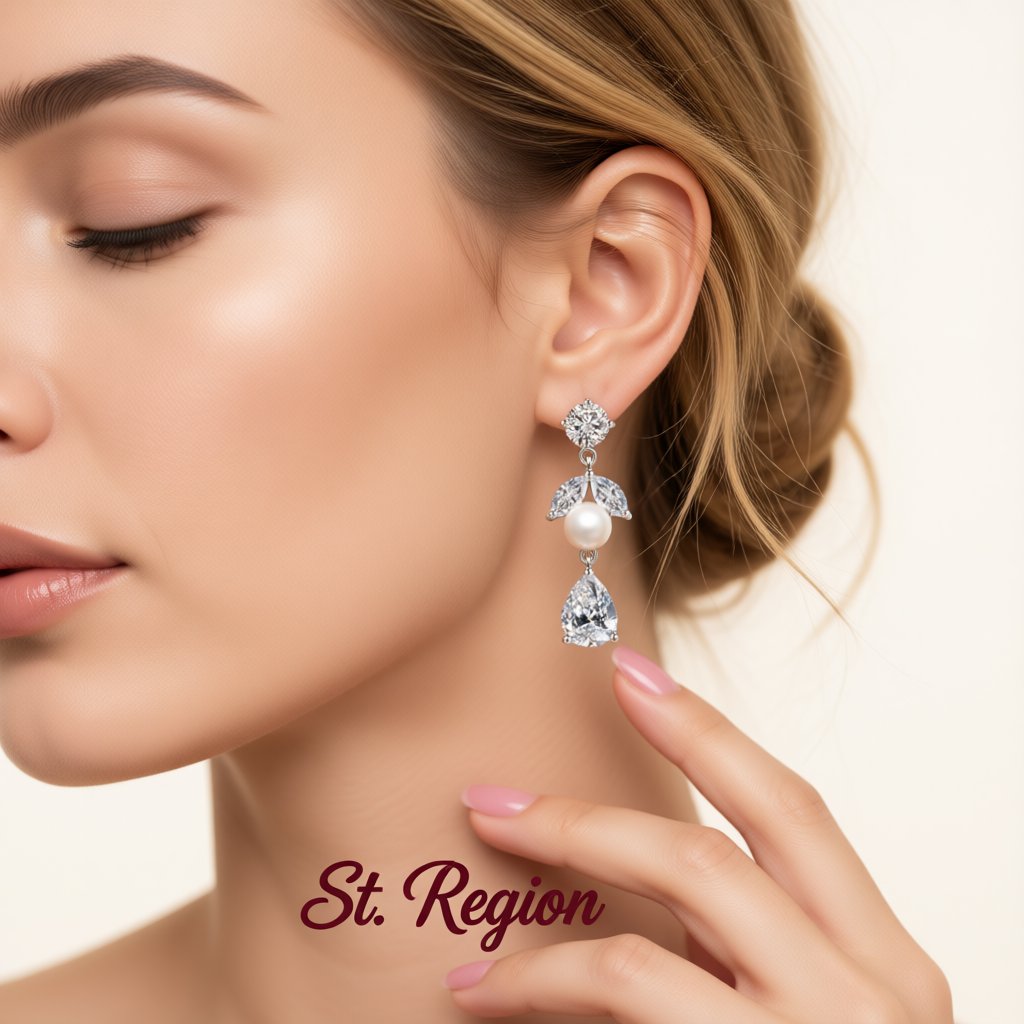 Pearl and Crystal Cubic Zirconia Leaf-Shape Drop Earrings, drop earrings for women, vintage-inspired design, styled look