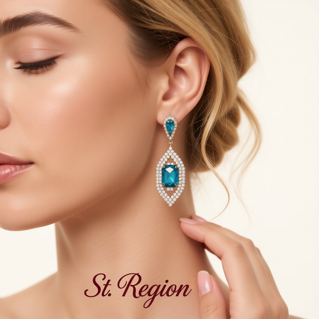 Blue Crystal and Cubic Zirconia 18K Gold-Plated Emerald-Cut Pave Drop Earrings, gold drop earrings for women, styled look