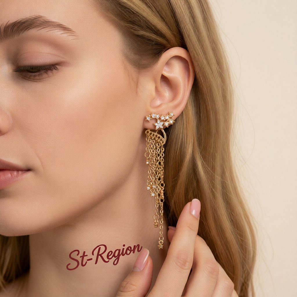 Cubic Zirconia and 18K Gold-Plated Star Tassel Drop Earrings, gold drop earrings for women, elegant gift for her, styled look