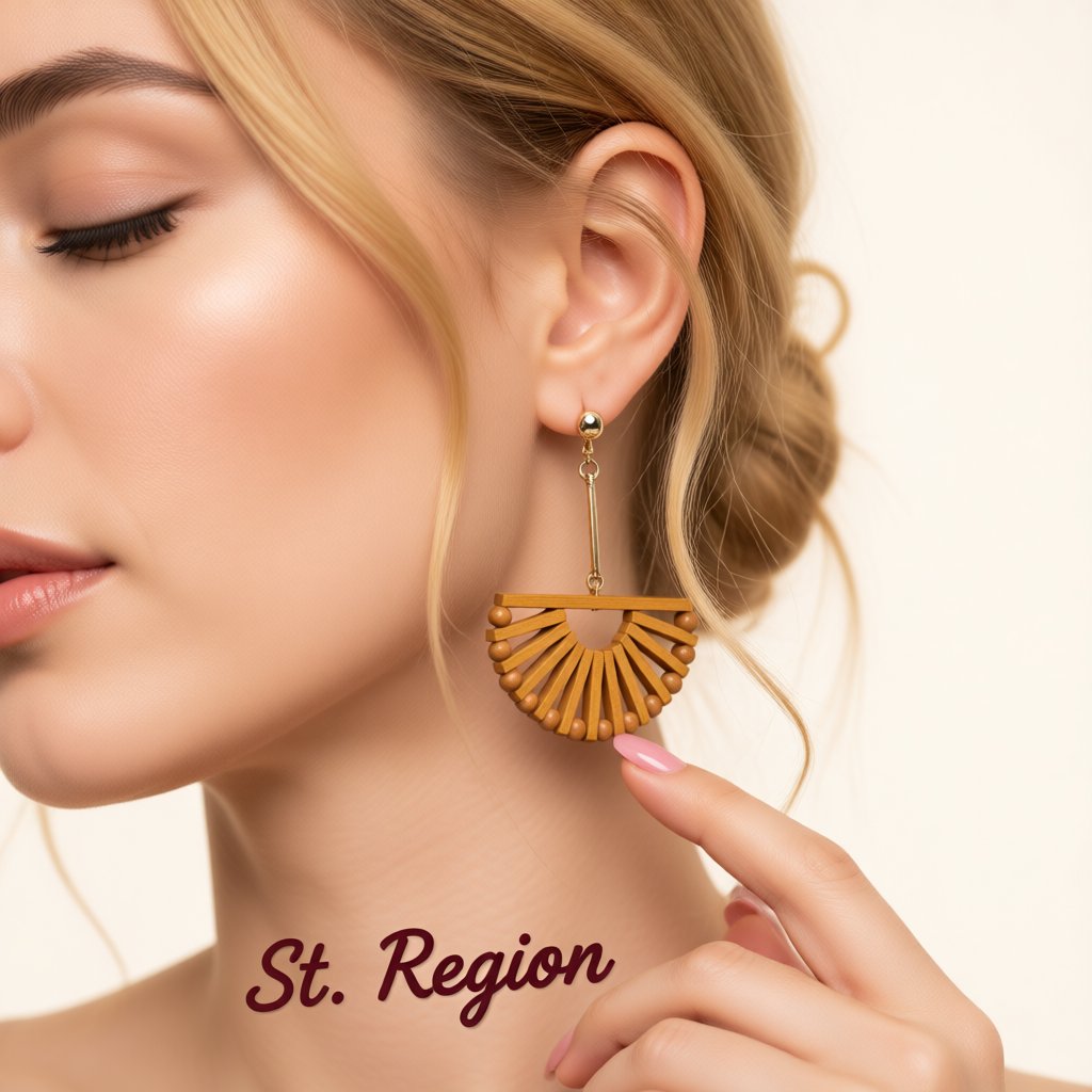 Wood and 18K Gold-Plated Half-Circle Beaded Drop Earrings, gold drop earrings for women, vintage-inspired design, styled look