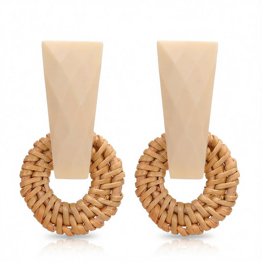 Pink and Rattan Open Circle Drop Earrings, drop earrings for women, elegant gift for her, side view