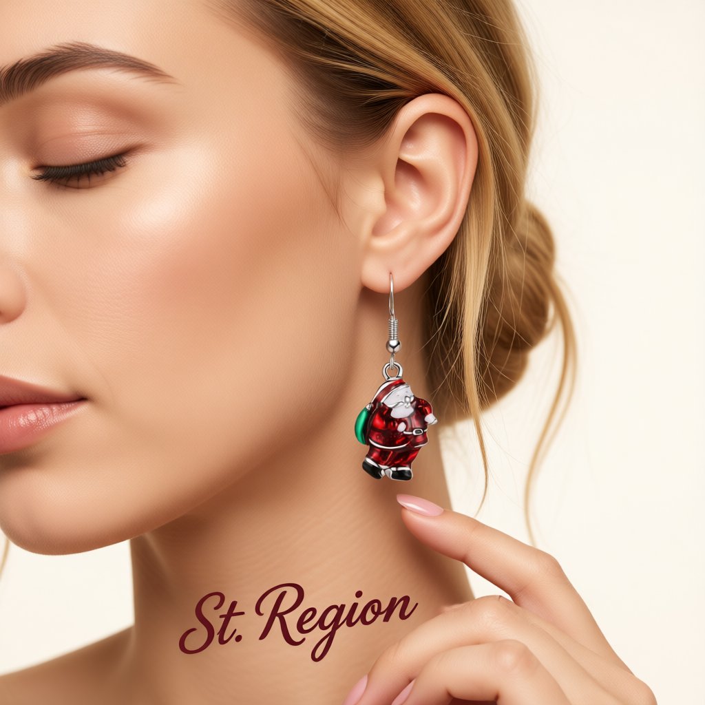 Silver-Plated Santa Claus Drop Earrings, silver drop earrings for women, dainty minimalist design, styled look