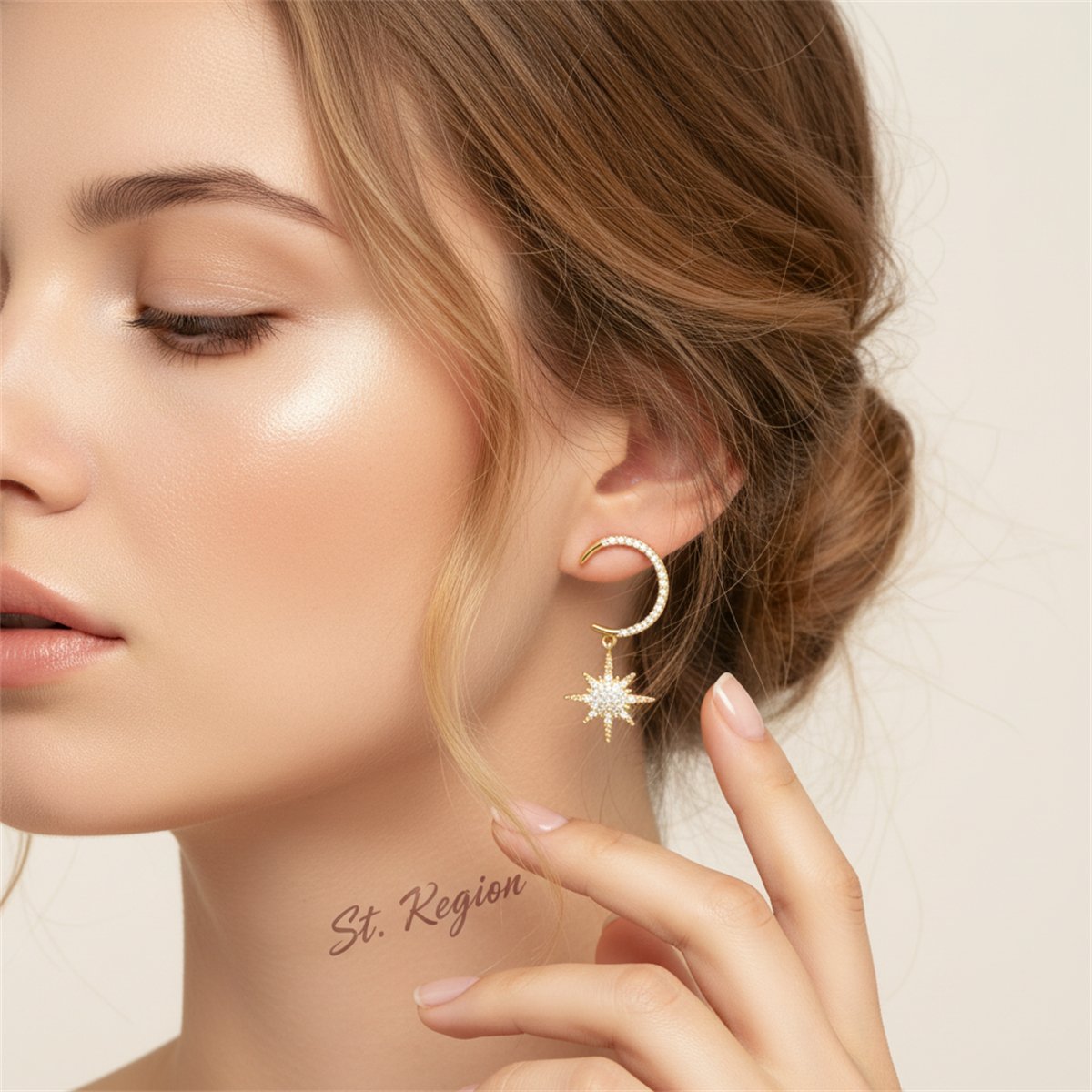 Cubic Zirconia and 18K Gold-Plated Star Under Moon Drop Earrings, gold drop earrings for women, everyday style, styled look