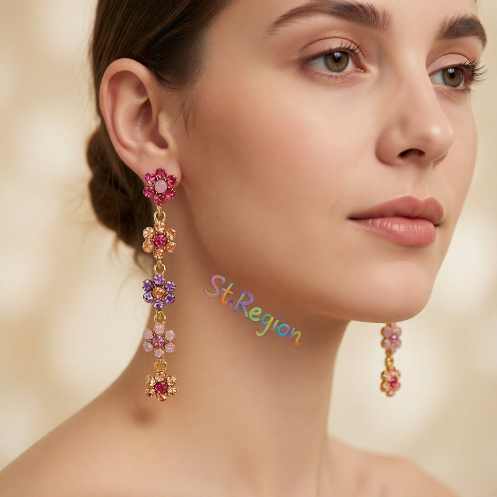 Pink Cubic Zirconia and 18K Gold-Plated Floral Drop Earrings, gold drop earrings for women, styled look