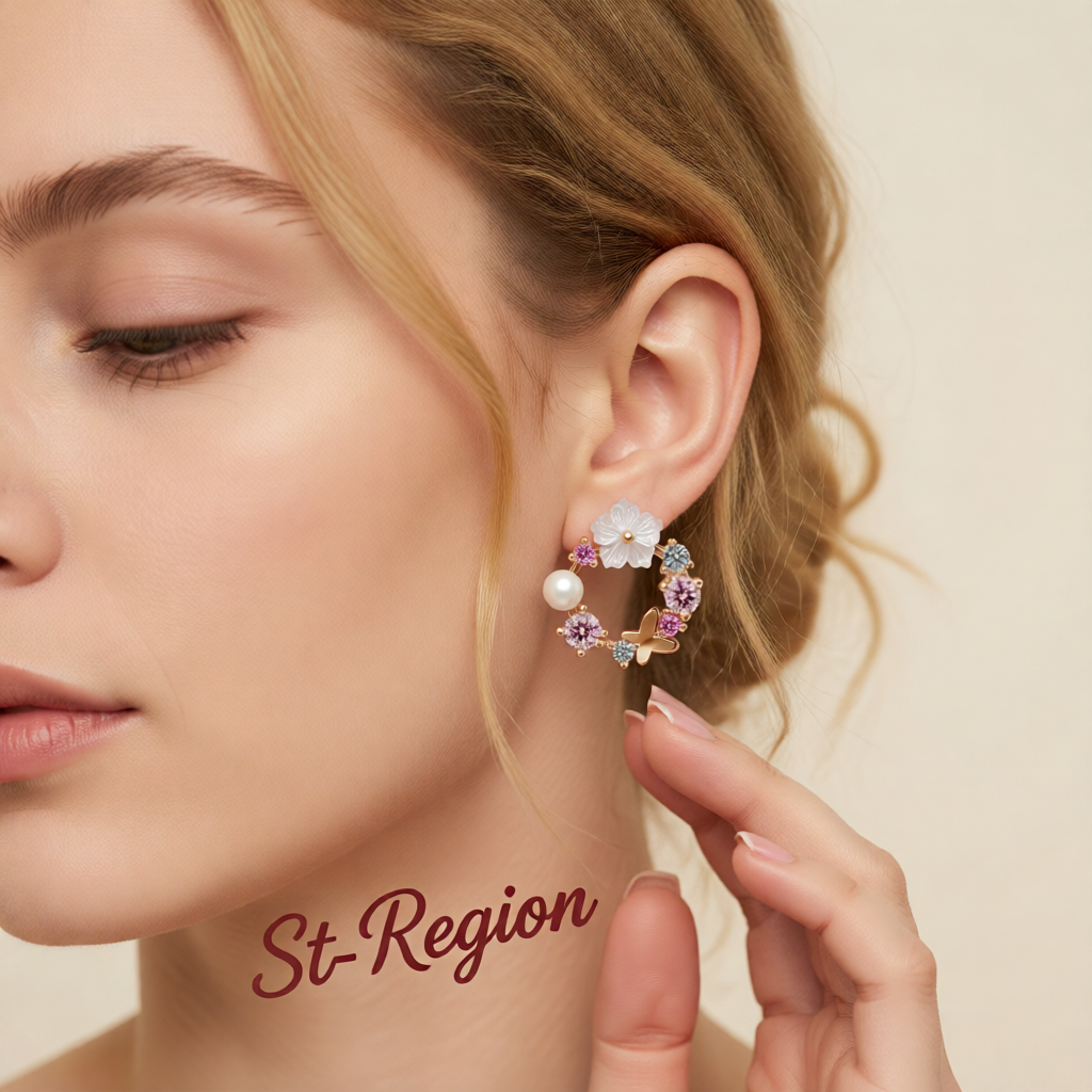 Opal & Cubic Zirconia Butterfly & Floral Stud Earrings
