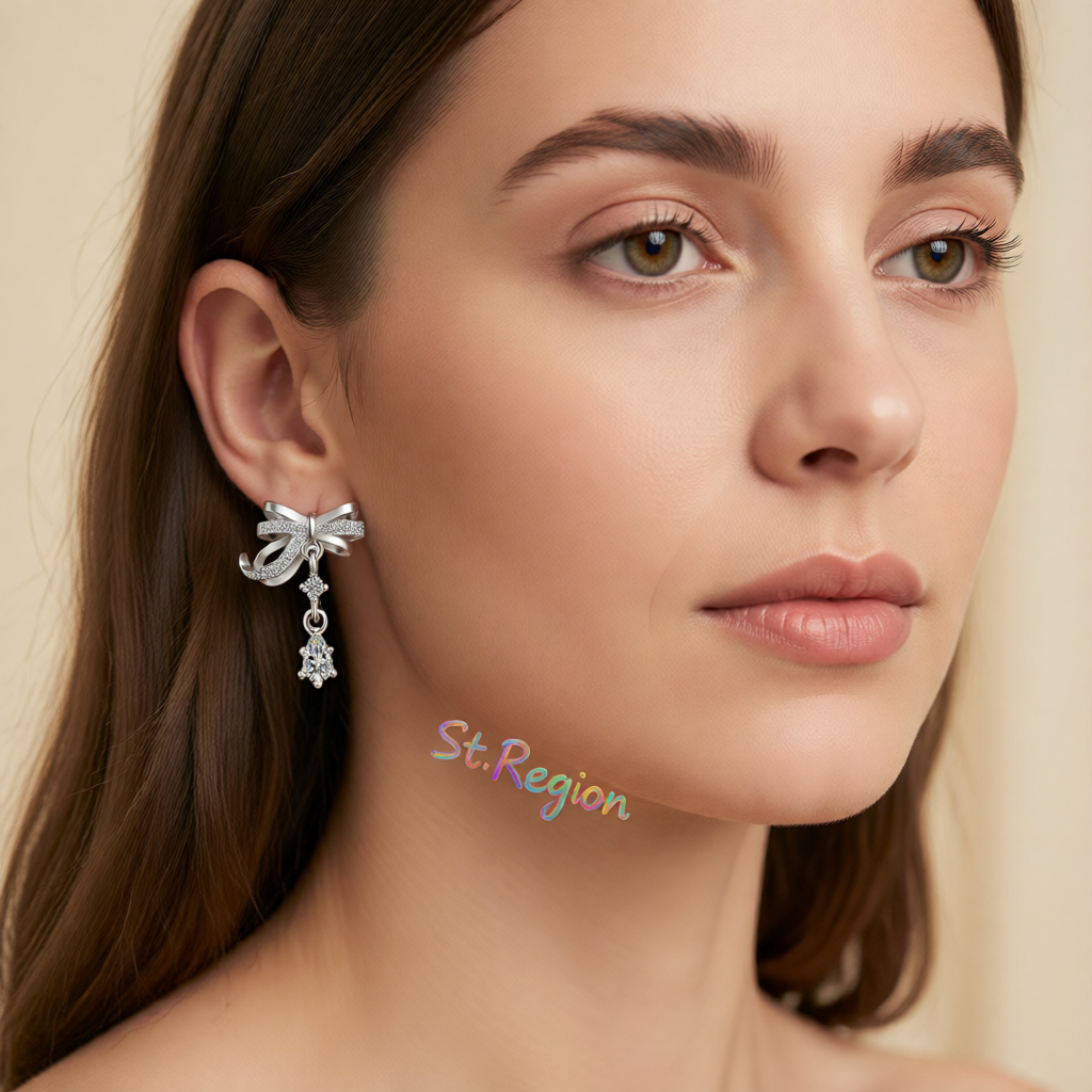 Cubic Zirconia & Crystal Silver-Plated Bow Drop Earring