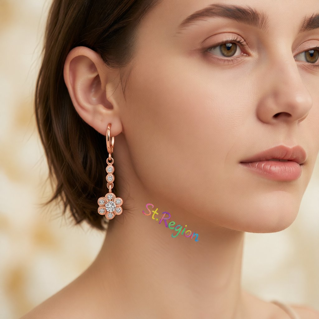 Cubic Zirconia and 18K Rose Gold-Plated Flower Drop Earrings, rose gold huggie earrings, everyday style, styled look