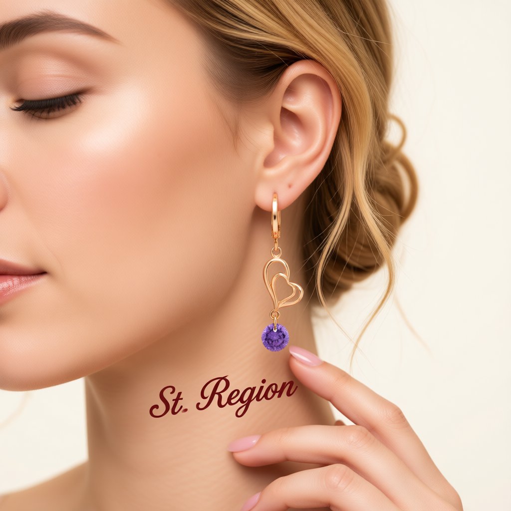 Purple Cubic Zirconia and 18K Gold-Plated Open Heart Drop Earrings, gold huggie earrings, botanical inspired, styled look