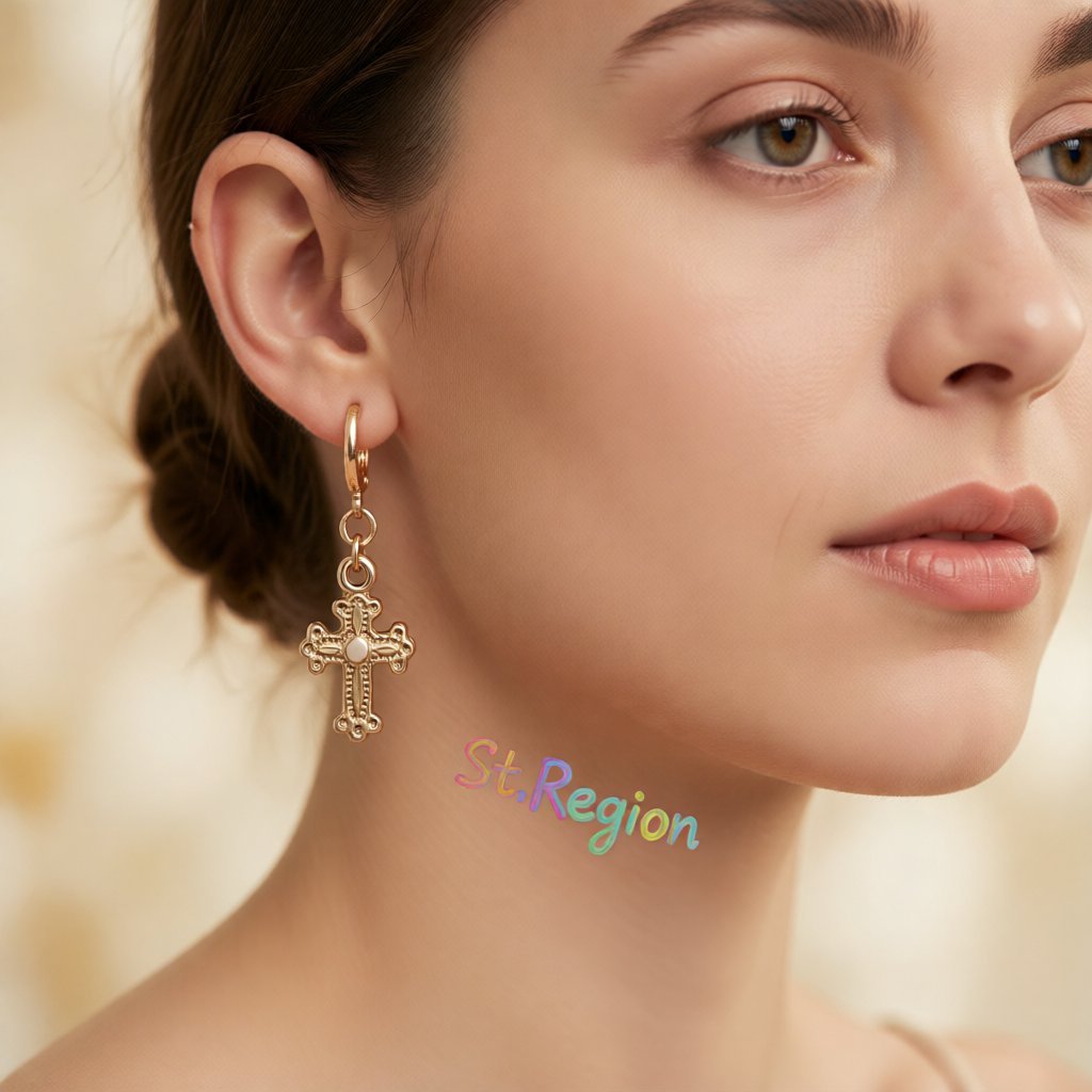 18K Rose Gold-Plated Cross Drop Earrings, rose gold huggie earrings, vintage-inspired design, styled look