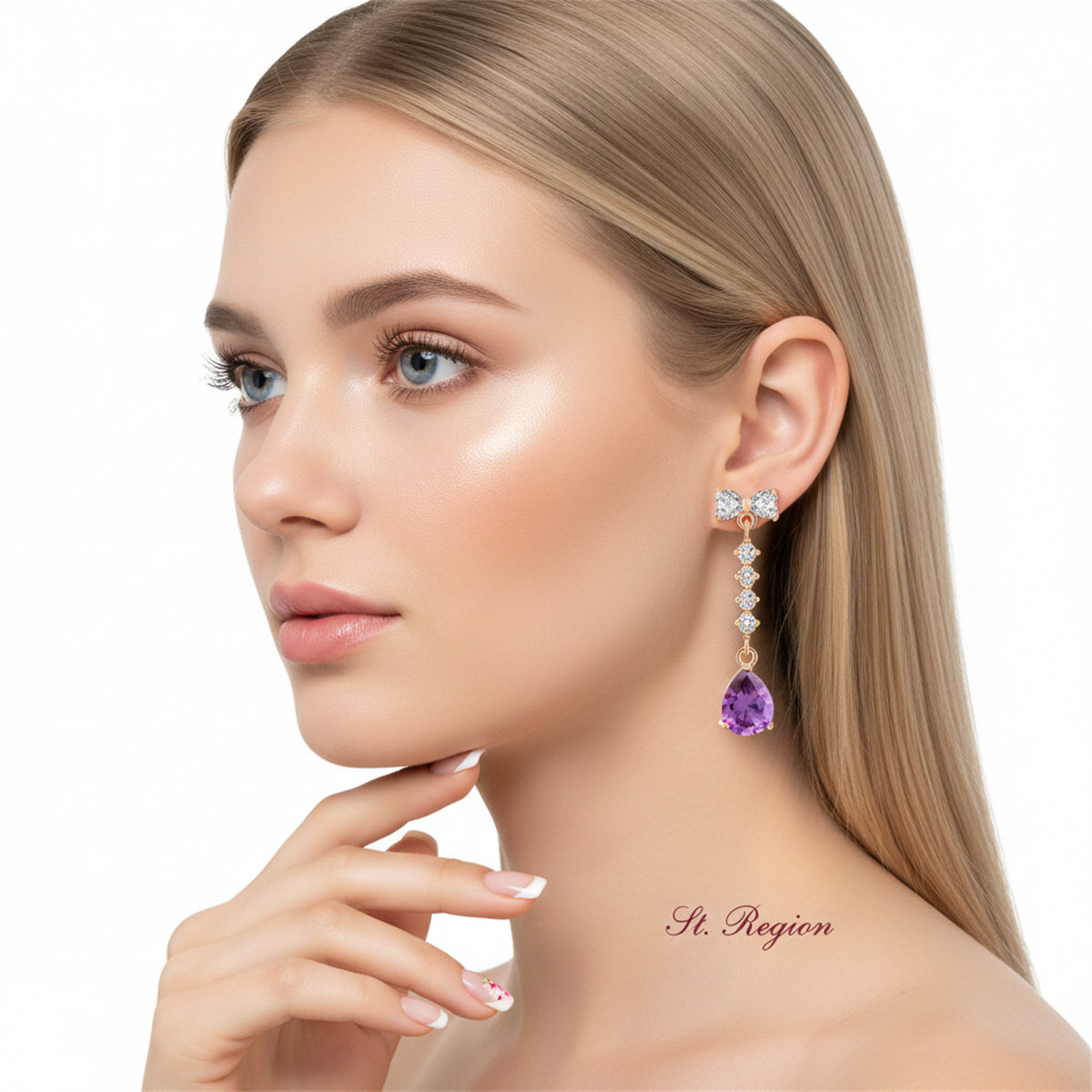 Purple Crystal & Cubic Zirconia Bow Drop Earrings