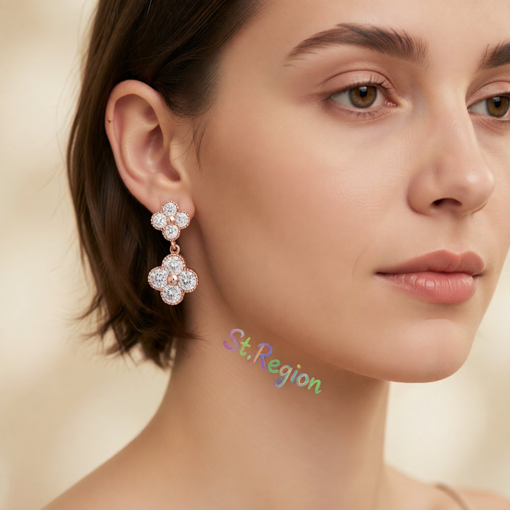 White Crystal and 18K Rose Gold-Plated Double Clover Drop Earrings, rose gold drop earrings for women, styled look
