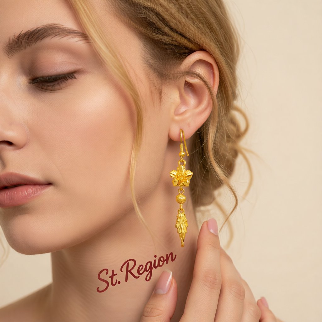 24K Gold-Plated Flower and Leaf Drop Earrings, gold drop earrings for women, vintage-inspired design, styled look