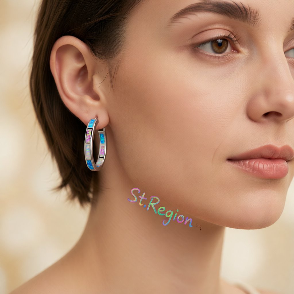 Blue Opal and Silver-Plated Color Block Channel Hoop Earrings, silver hoop earrings for women, styled look