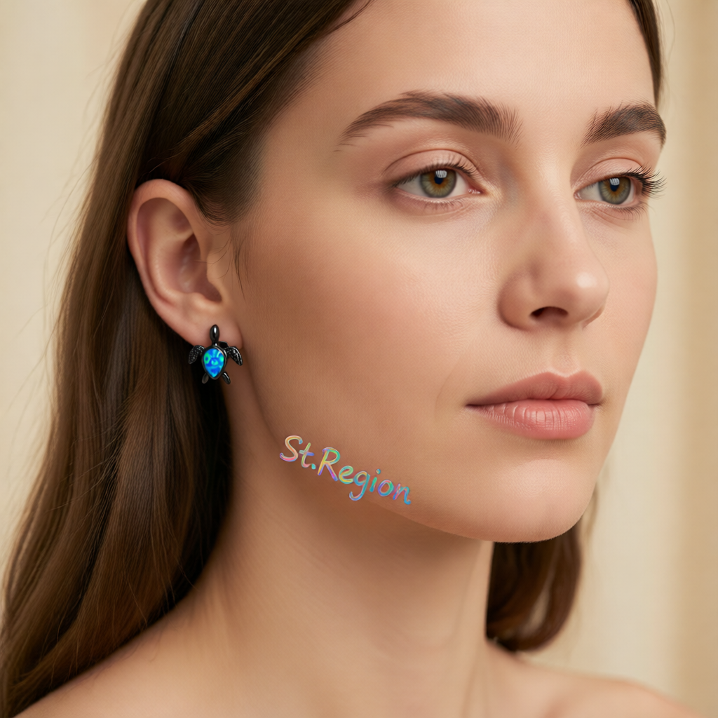 Blue Opal & Black Turtle Stud Earrings