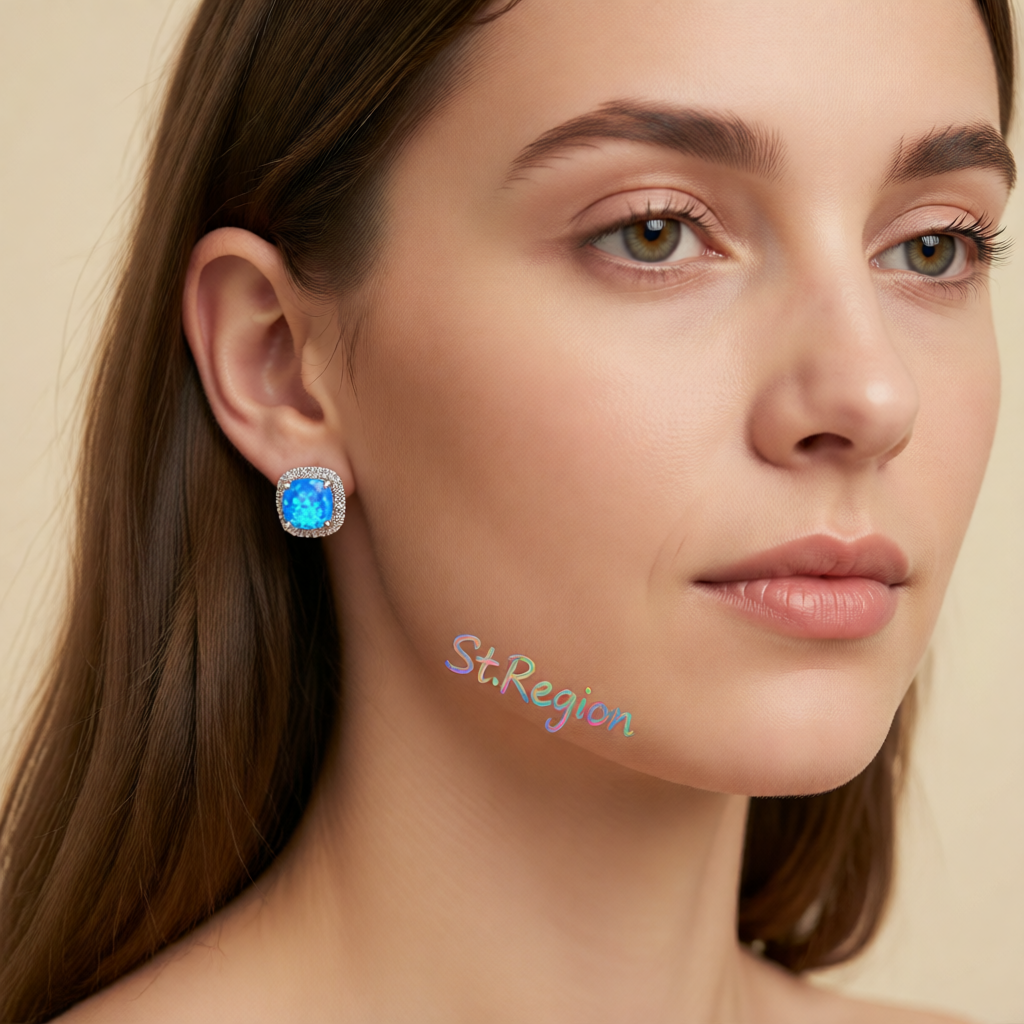 Blue Princess Opal & Cubic Zirconia Silver-Plated Halo Stud Earrings