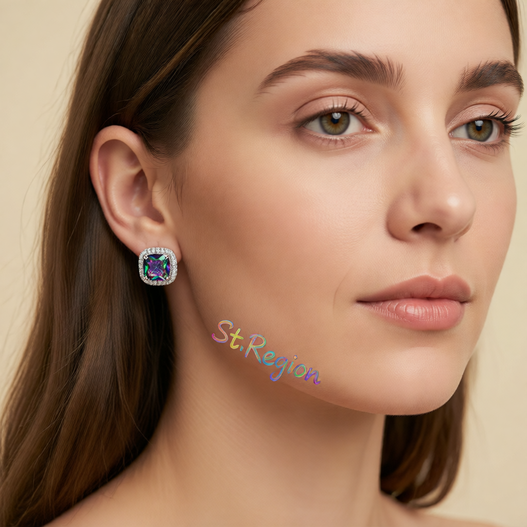Colored Princess Crystal & Cubic Zirconia Silver-Plated Halo Stud Earrings