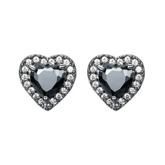 Black Crystal & Cubic Zirconia Rhodium-Plated Halo Heart Stud Earrings