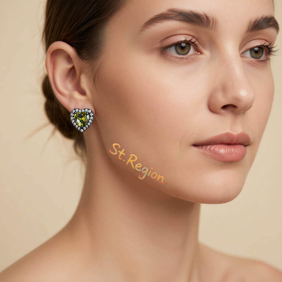 Olive Crystal & Cubic Zirconia Rhodium-Plated Halo Heart Stud Earrings