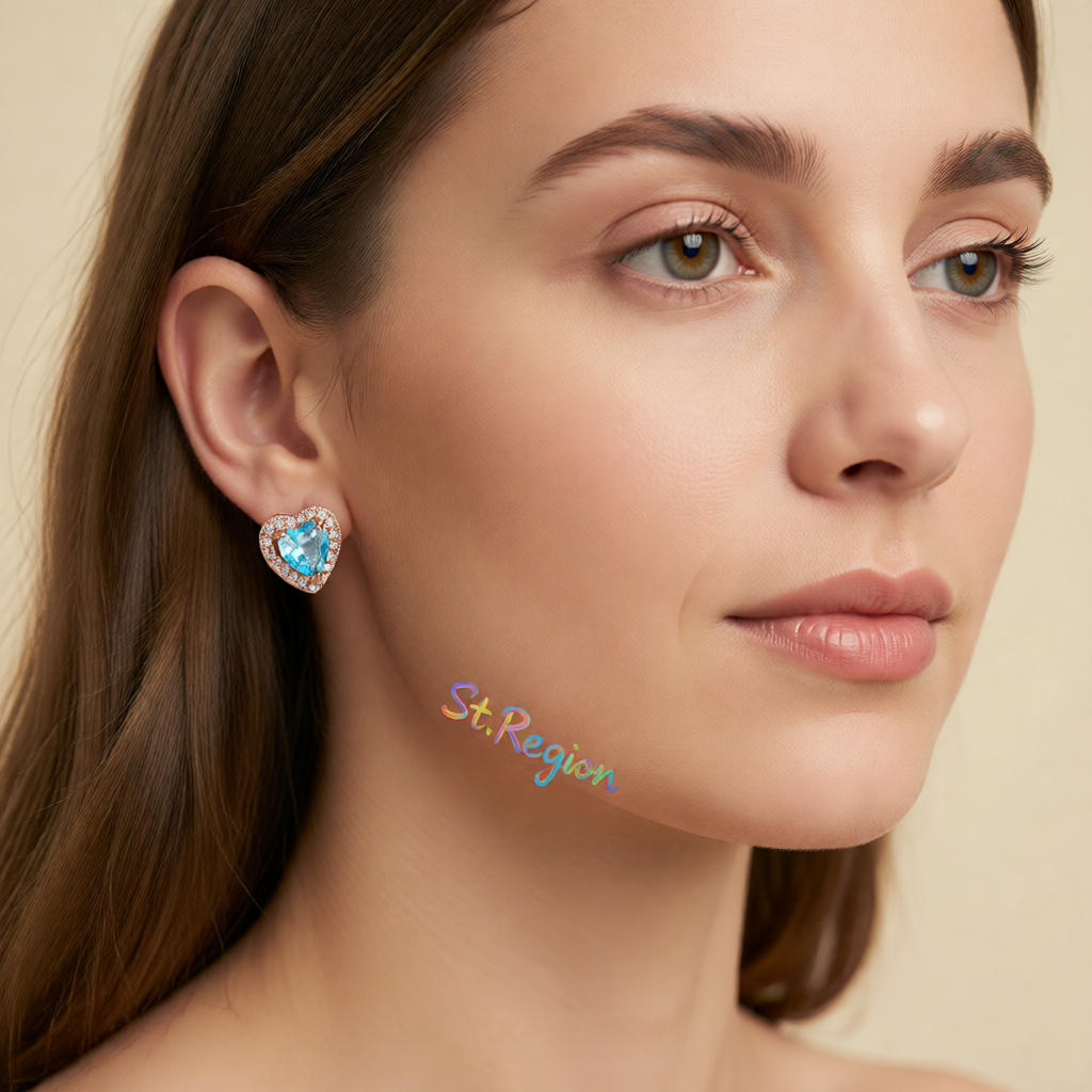 Light Blue Crystal & Cubic Zirconia 18K Rose Gold-Plated Halo Heart Stud Earrings
