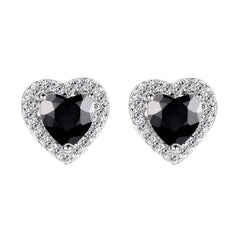 Black Crystal & Cubic Zirconia Silver-Plated Halo Heart Stud Earrings