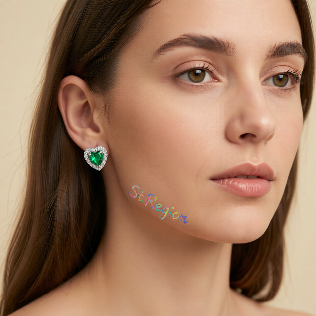Green Crystal & Cubic Zirconia Silver-Plated Halo Heart Stud Earrings