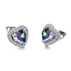 Colored Crystal & Cubic Zirconia Silver-Plated Halo Heart Stud Earrings