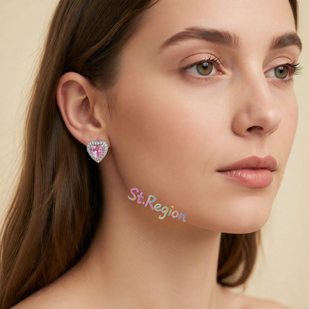 Pink Crystal & Cubic Zirconia Silver-Plated Halo Heart Stud Earrings