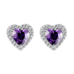 Purple Crystal & Cubic Zirconia Silver-Plated Halo Heart Stud Earrings