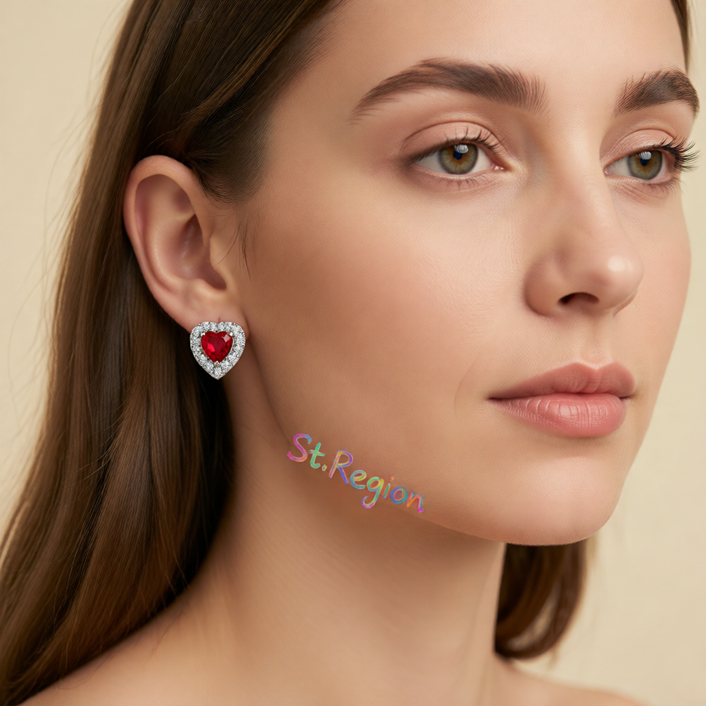 Red Crystal & Cubic Zirconia Silver-Plated Halo Heart Stud Earrings