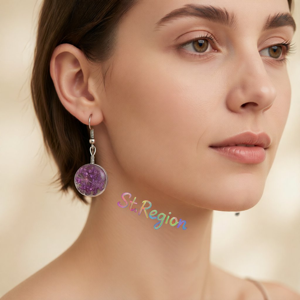 Purple Gypsophila and Silver-Plated Drop Earrings, silver drop earrings for women, botanical inspired, styled look