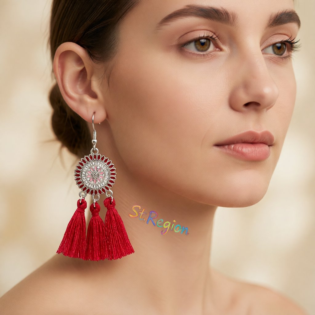 Red and Cubic Zirconia Sunflower Tassel Drop Earrings, drop earrings for women, botanical inspired, styled look