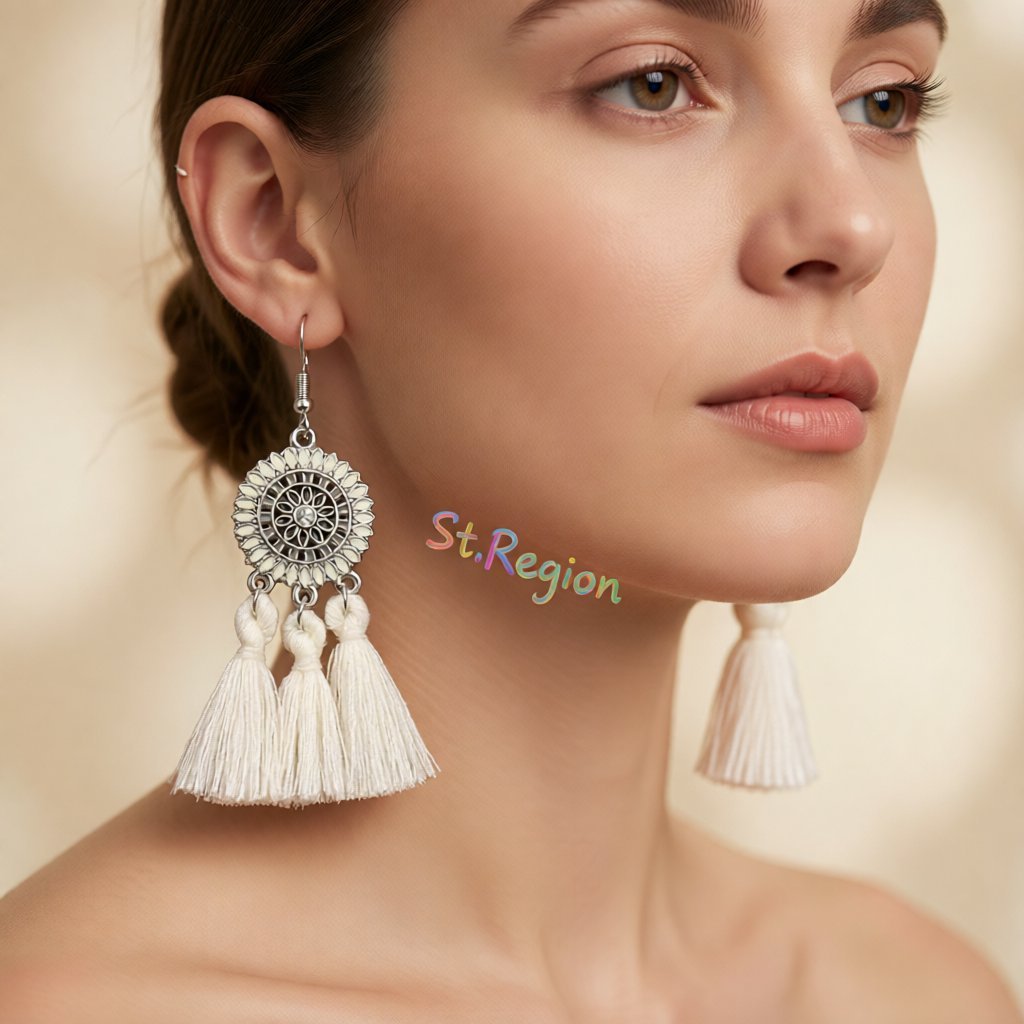 White and Cubic Zirconia Sunflower Tassel Drop Earrings, drop earrings for women, everyday style, styled look