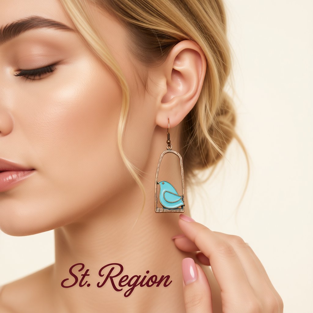 Blue Enamel and 18K Gold-Plated Birdcage Drop Earrings, gold drop earrings for women, dainty minimalist design, styled look