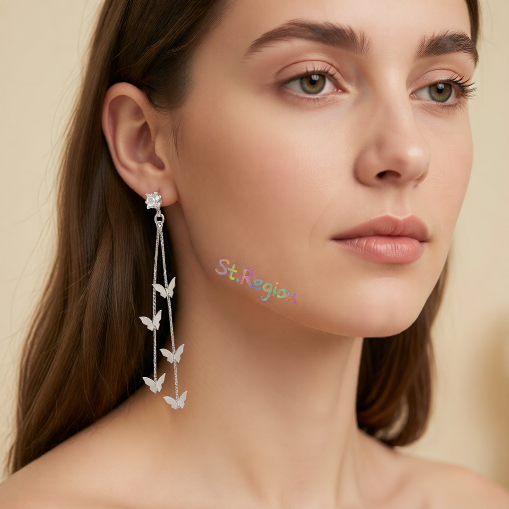 Cubic Zirconia & Silver-Plated Butterfly Double-Strand Drop Earrings