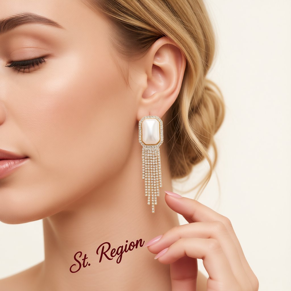 Pearl and Cubic Zirconia 18K Gold-Plated Rectangle Tassel Drop Earrings, gold drop earrings for women, styled look
