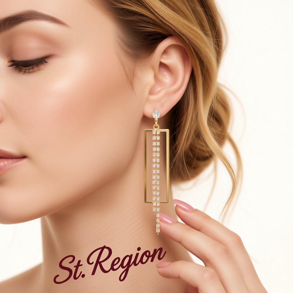 Cubic Zirconia and 18K Gold-Plated Open Rectangle Tassel Drop Earrings, gold drop earrings for women, styled look