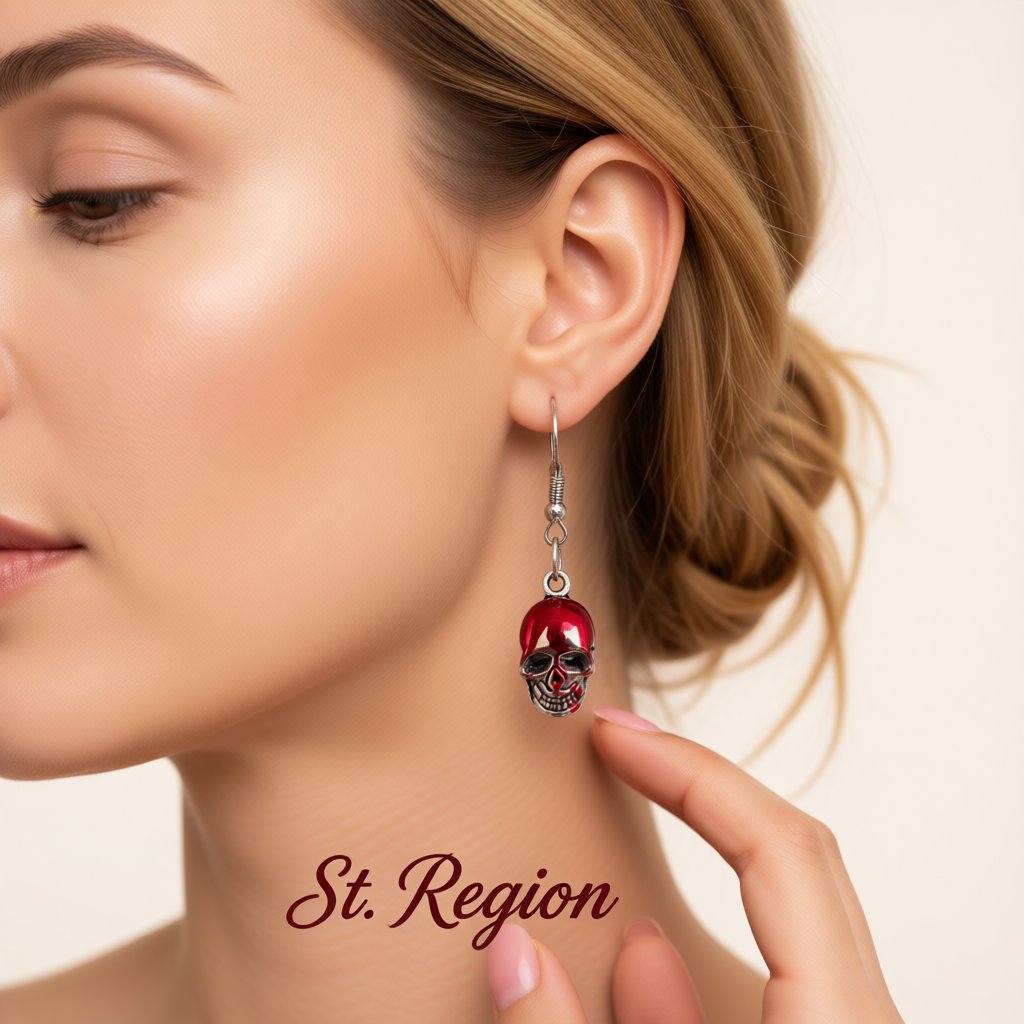 Red Enamel and Silver-Plated Skull Drop Earrings, silver drop earrings for women, botanical inspired, styled look