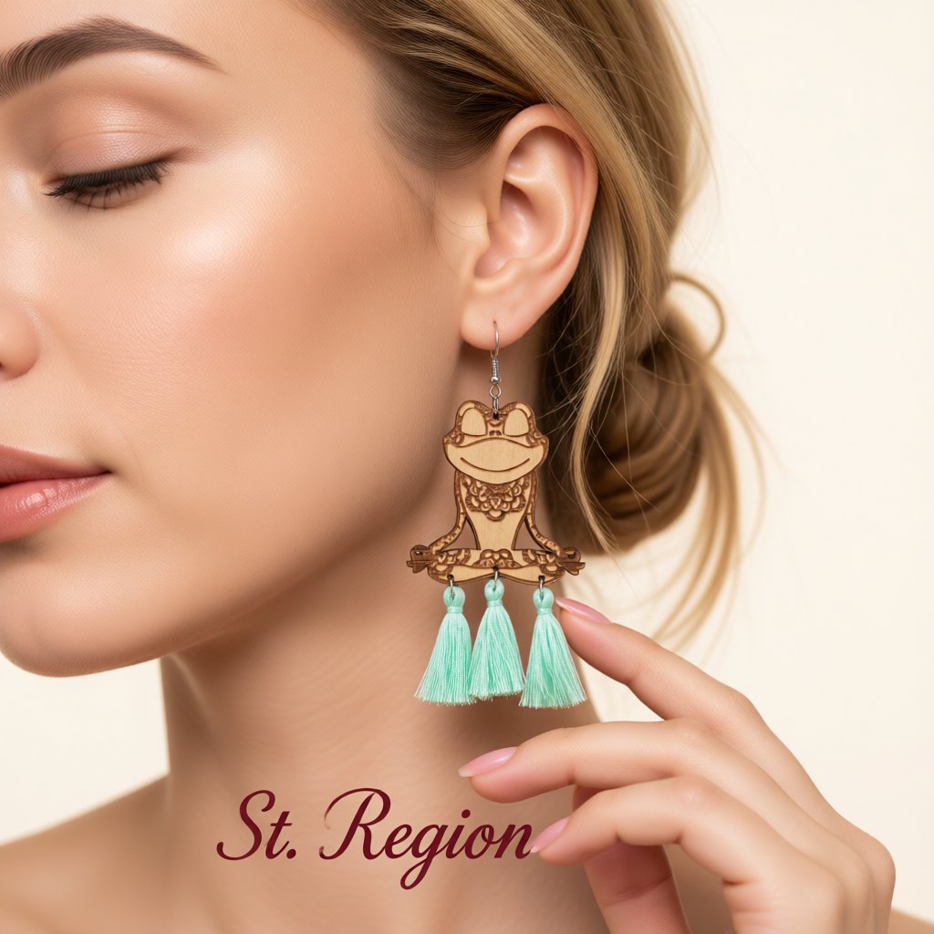 Teal and Brown Wood Tassel-Accent Frog Drop Earrings, drop earrings for women, dainty minimalist design, styled look