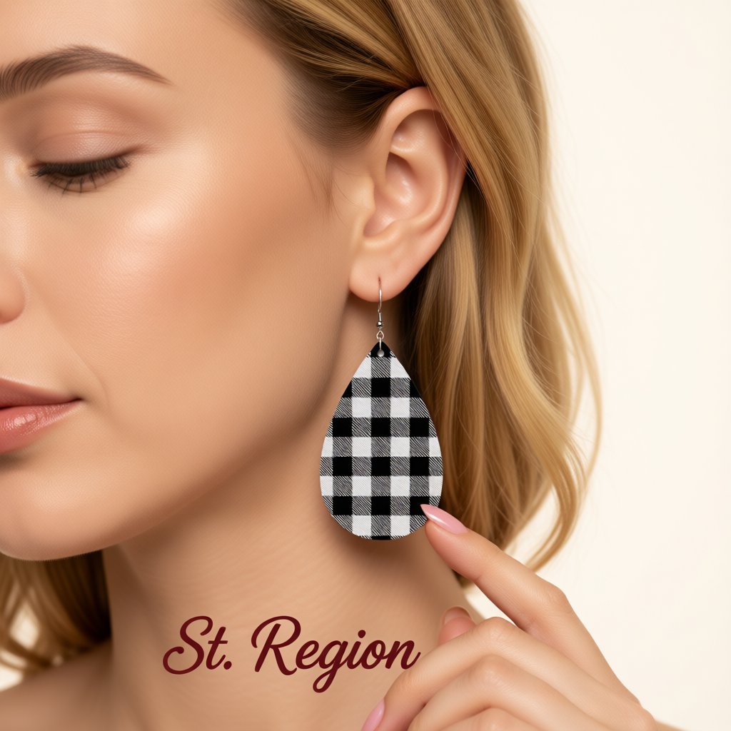 Black and White Plaid Teardrop Earrings, drop earrings for women, vintage-inspired design, styled look