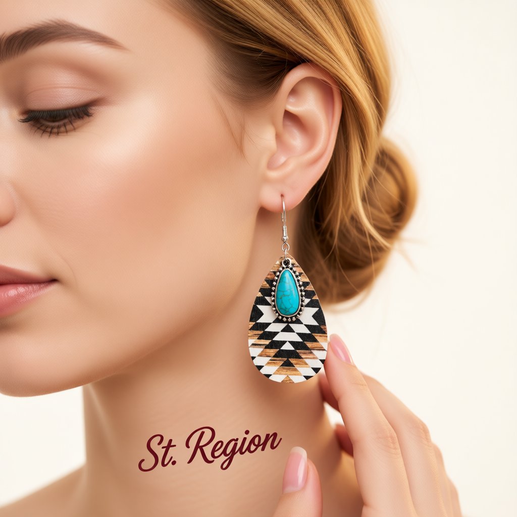 Turquoise and Brown Wood Geometric Lake Teardrop Earrings, drop earrings for women, everyday style, styled look