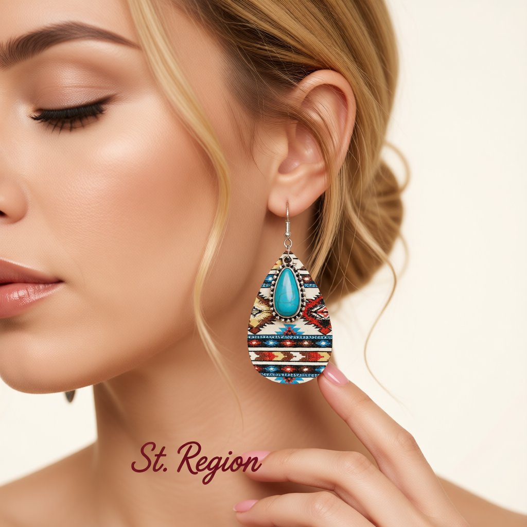 Turquoise and Red Wood Geometric Teardrop Earrings, drop earrings for women, everyday style, styled look