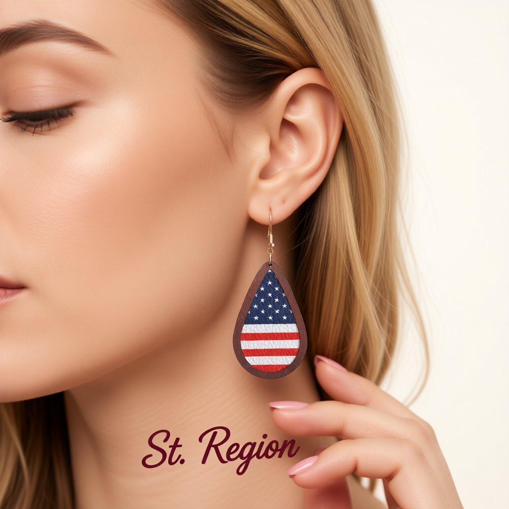 Red Polystyrene and Multicolor Wood American Flag Drop Earrings, drop earrings for women, styled look