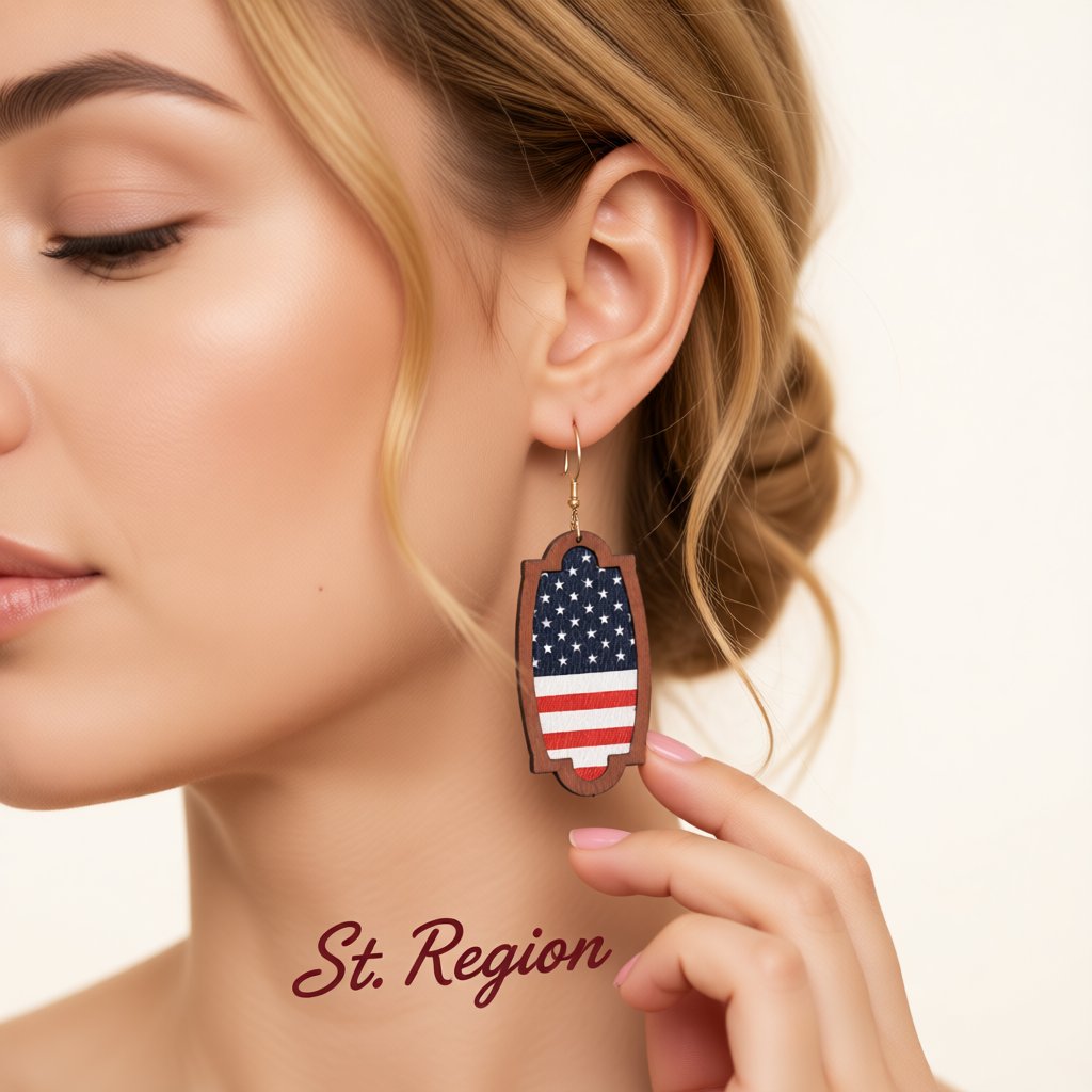 Red Multicolor Polystyrene and Wood American Flag Oval Drop Earrings, drop earrings for women, styled look