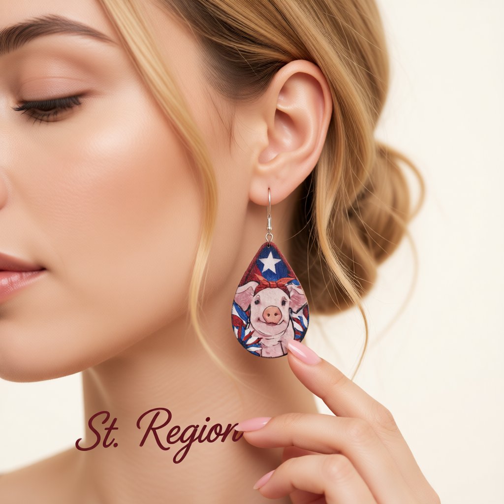 Pink Multicolor Wood and Silver-Plated Pig Drop Earrings, silver drop earrings for women, elegant gift for her, styled look