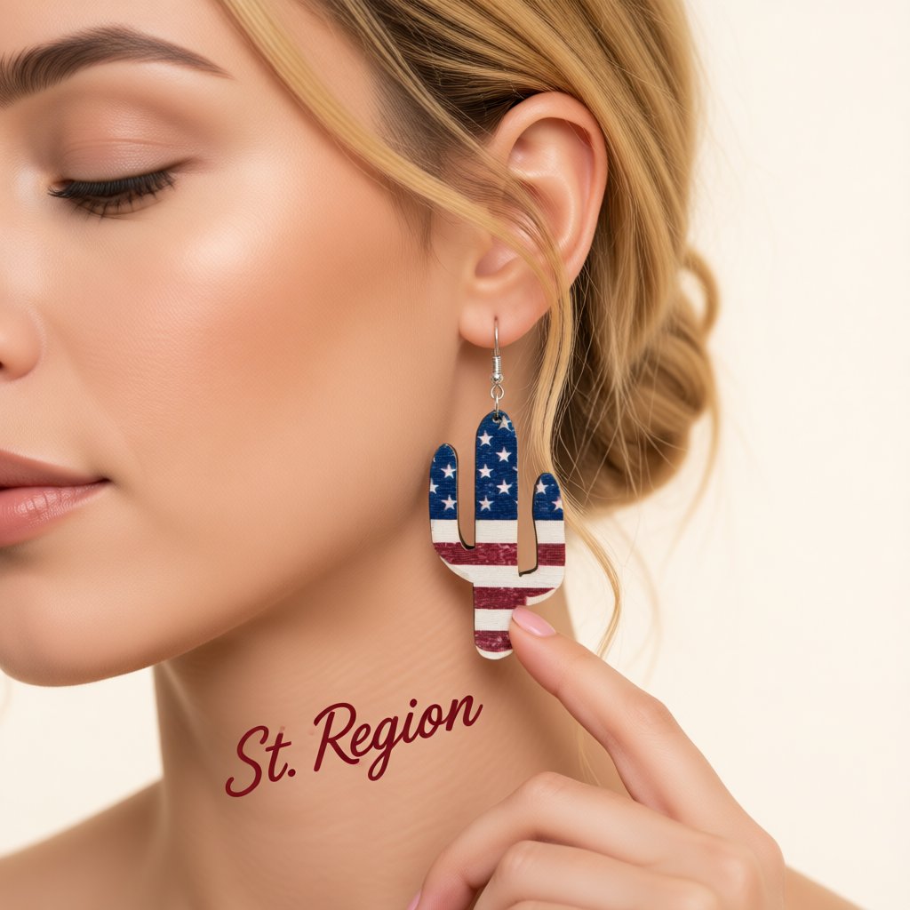 Red Multicolor Wood and Silver-Plated Americana Cactus Drop Earrings, silver drop earrings for women, styled look